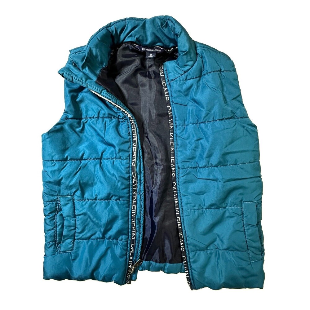Calvin Klein Jeans Puffer Vest Kids 4T Teal Blue Zip Up Sleeveless 0168
